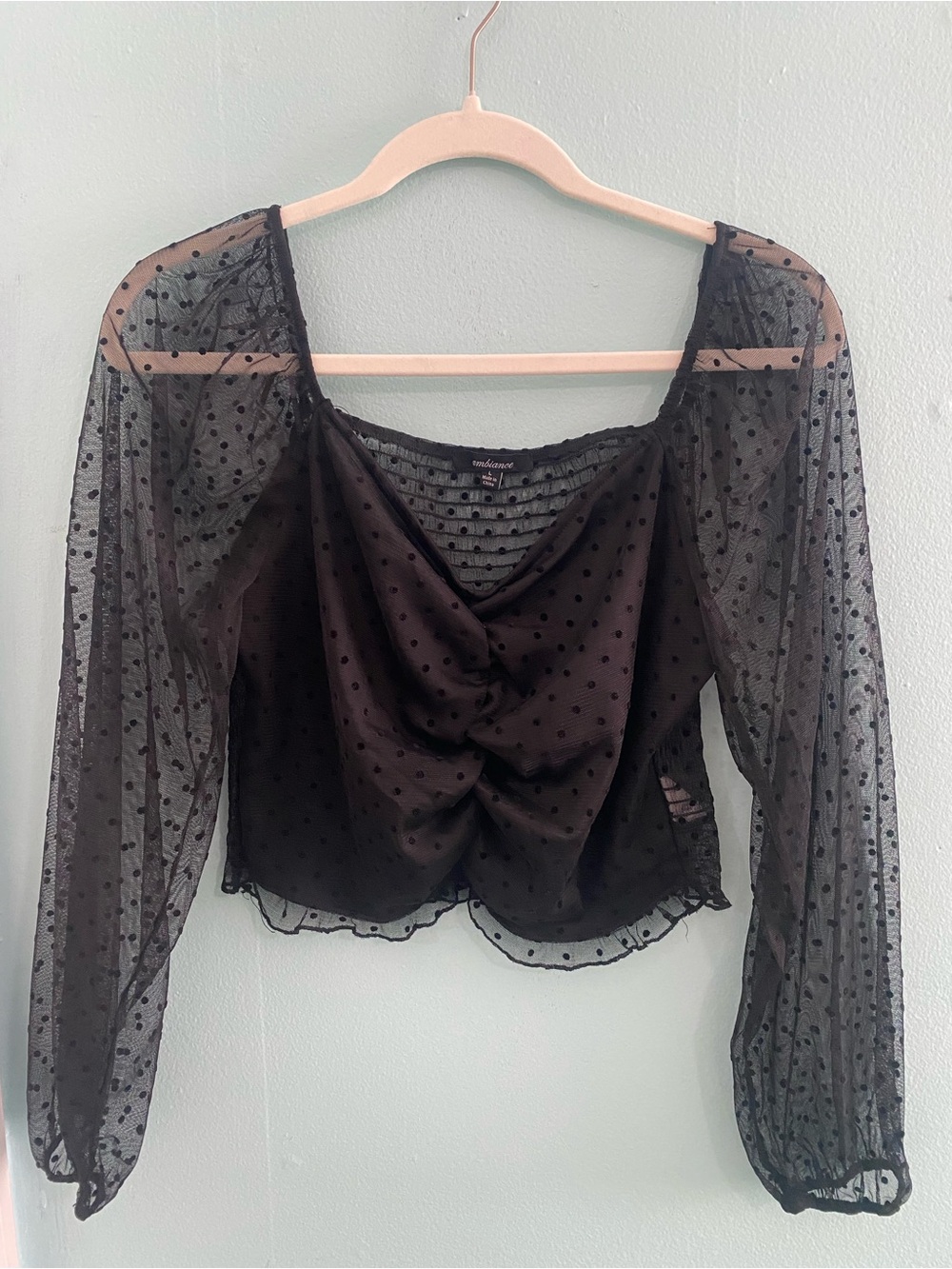 Ambiance Black Sheer Polka Dot Draped Crop Top